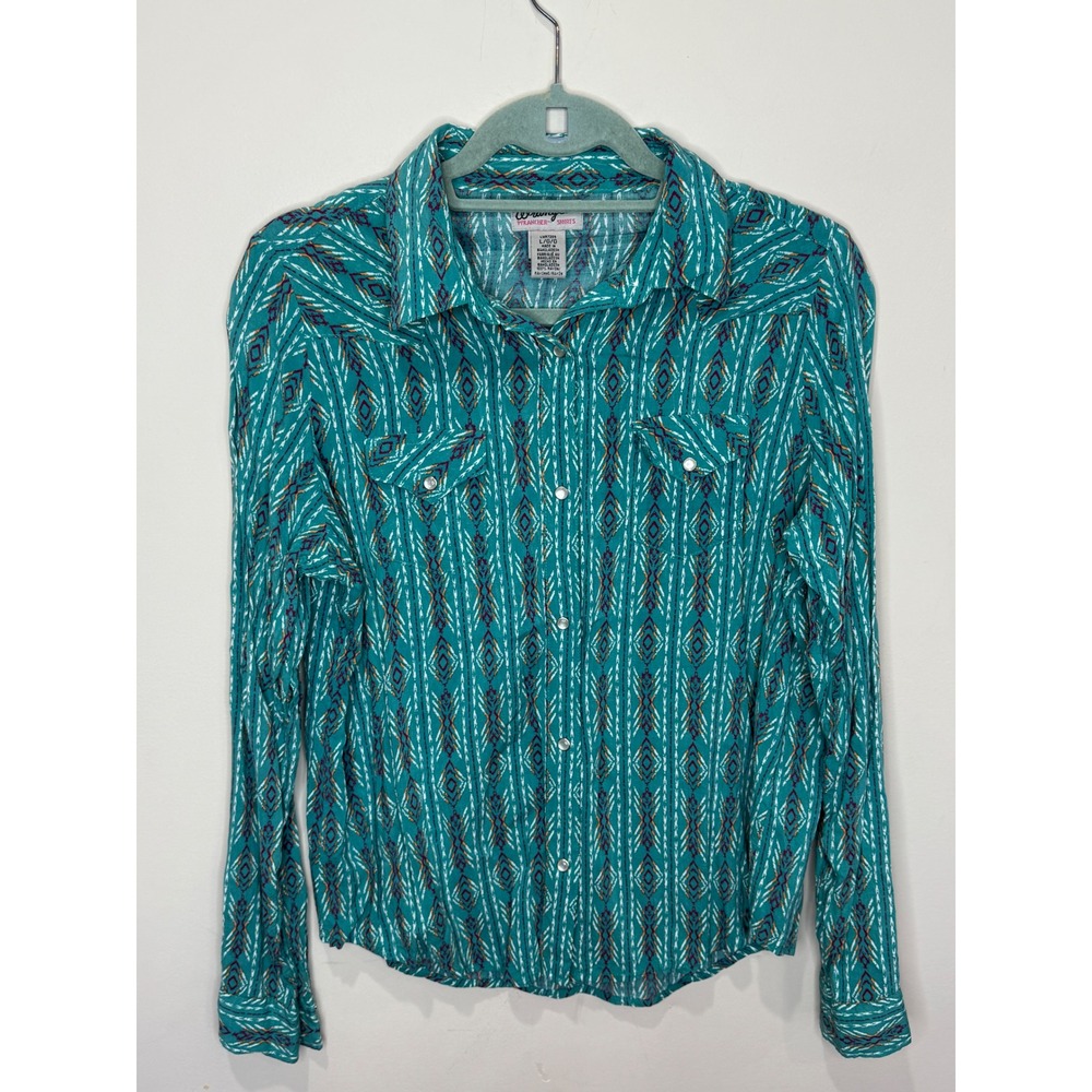 Wrangler Women's Button Up Long Sleeve Shirt‎ Geometric Teal Pearl Snaps Sz S